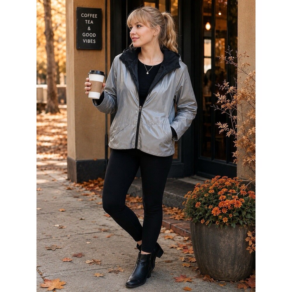 Unbranded Reversible Black Gray Hooded Jacket Full Zip Womens Lightweight Casual